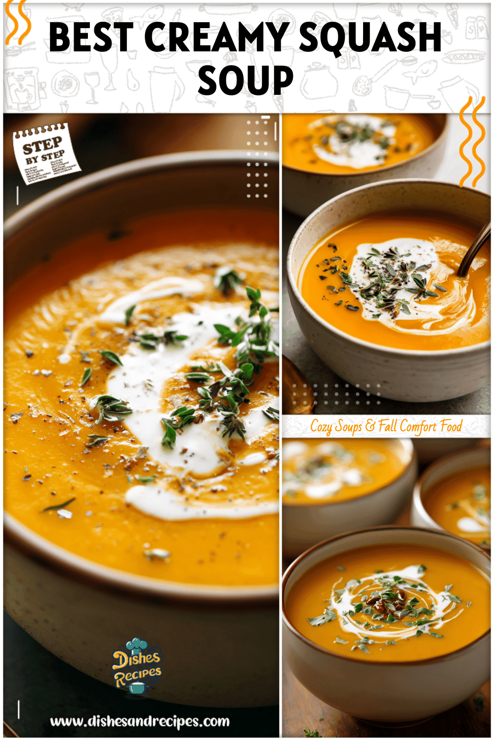 Smooth bowl of the best butternut squash soup garnished with a dash of cream and herbs.